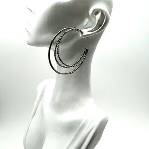 Large Multi-Wire Hoop Post Earrings Black Smooth & Diamond Cut 1.25"x1.5"